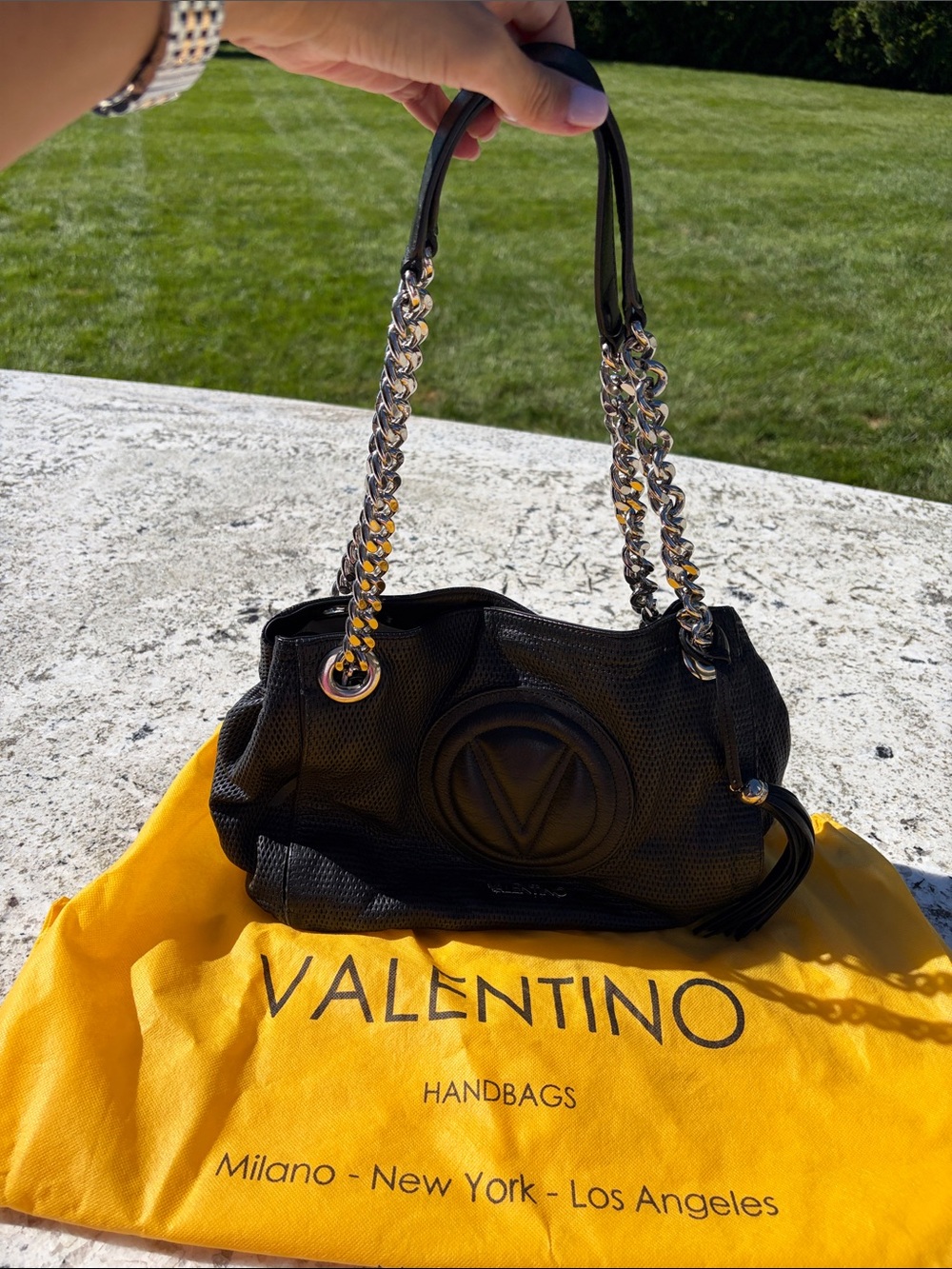 Valentino Black Leather Shoulder Bag with Silver Chain Handles